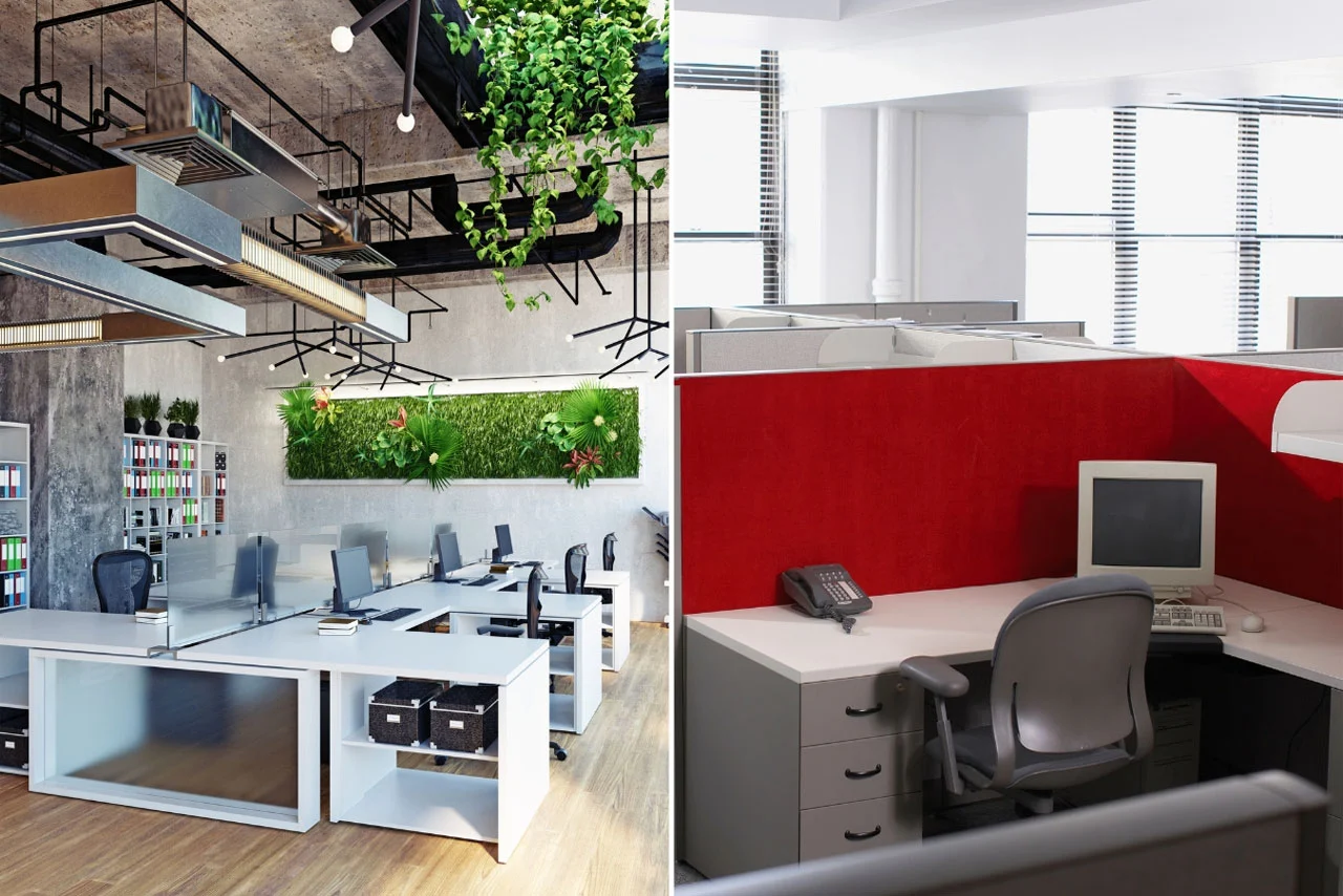 Comparison of Modern Coworking Office vs Traditional Cubicle Workspace