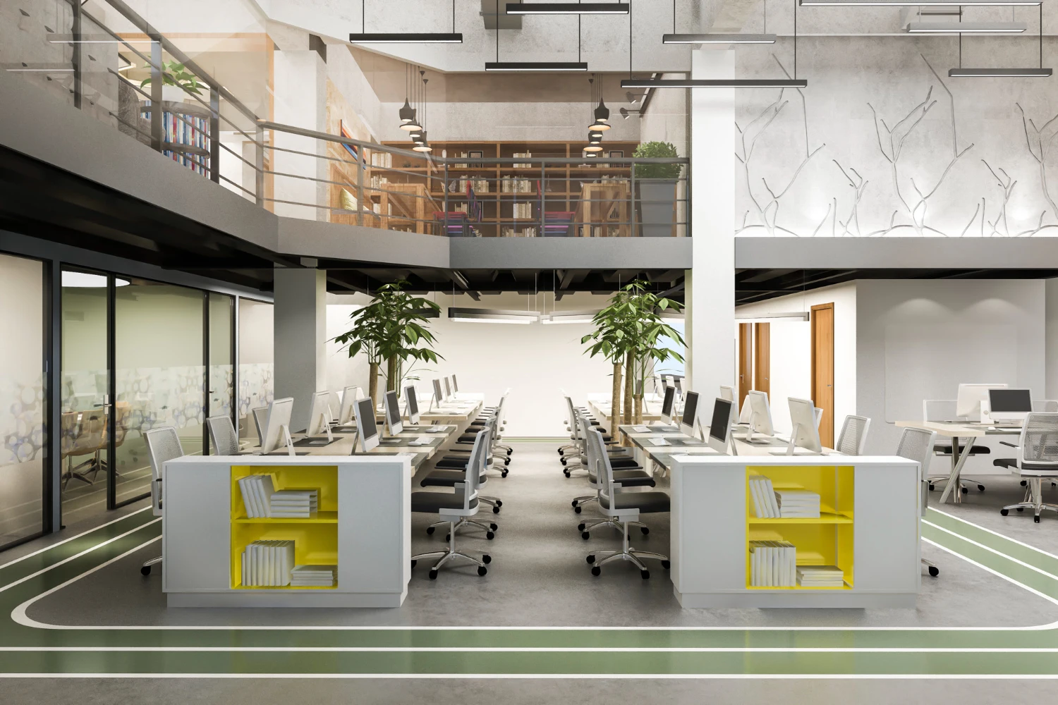 Modern open-plan office space in delhi with workstations, indoor plants, and a loft area with bookshelves