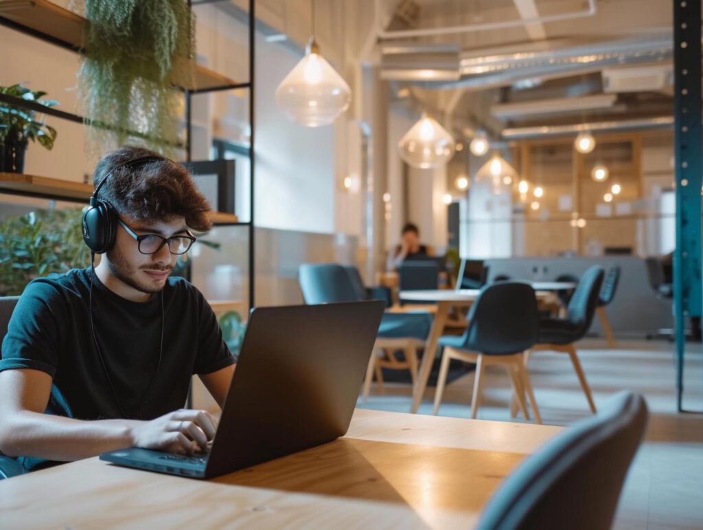 freelancer working on laptop in a flexible coworking space